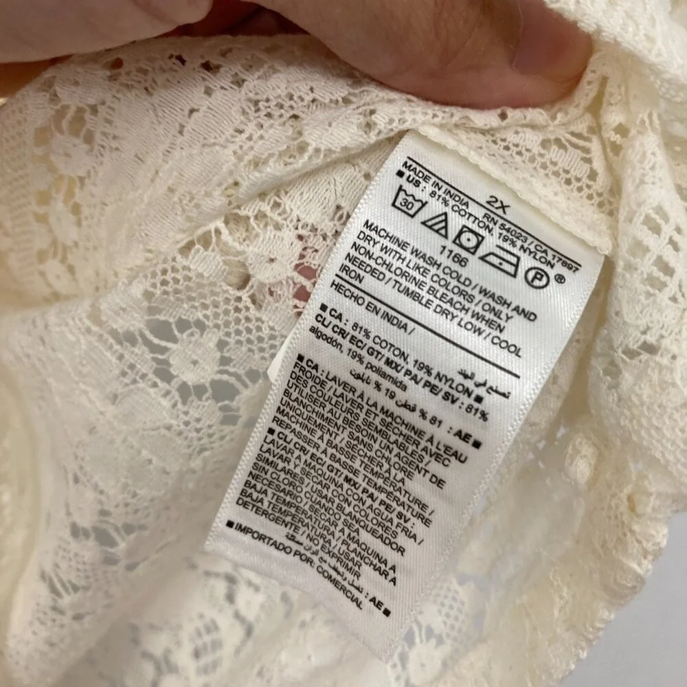 New‎ Old Navy size 2X Cream White Tie Front Lace Crochet Puff Sleeve Top Boho
